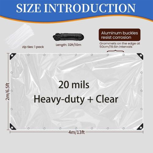 Clear Tarp Clear Tarps Heavy Duty Water Resistant,20Mil Thickened Transparent Tear Resistant PVC Vinyl Tarpaulin Enclosurewith Grommets and Reinforced Edges for Patio,Porch and Outdoor (6.5x13ft)