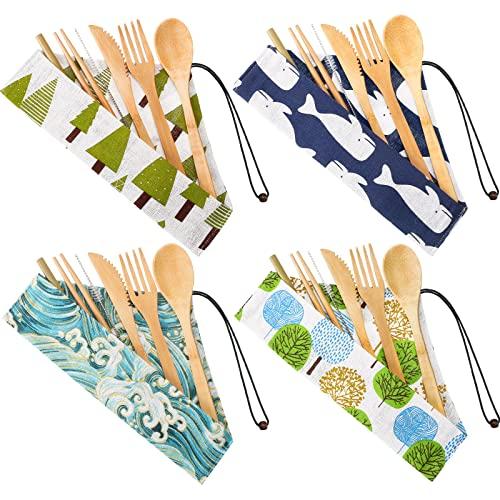 Boao 4 Sets Bamboo Utensils Wooden Utensils Set Reusable Cutlery Travel Chopsticks Fork Spoon Straw Portable Utensil Case for Travel Hiking Picnic Camping Cooking Office Kitchen (Natural Style)