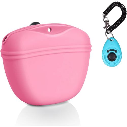 Left&Right Dog Clicker Training Kit,Silicone Dog Training Treat Pouch and Dog Clickers,Dog Treat Bag with Clicker Training for Dogs,Pet Treat Bag with Magnetic Buckle Closing and Waist Clip,Pink