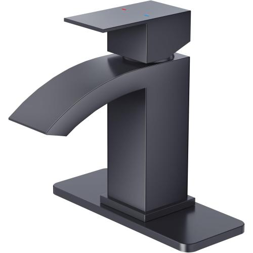 CREA Matte Black Waterfall Bathroom Faucet 1 Hole Single Handle Bathroom Sink Faucet with Pop Up Drain,Stainless Steel RV Vanity Faucet Basin Mixer Tap 3 Hole Plate Water Supply Line