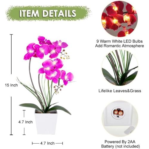HOMESEASONS Orchid Lamp-LED Lighted Orchid Arrangements,Pre Lit Artificial Orchid,Light Up Flower Lights, Faux Orchid Phalaenopsis Arrangement (Purple)