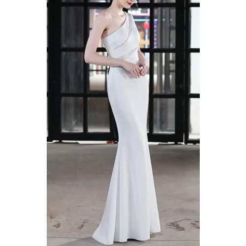 MTVOPN Women's One Shoulder Beaded Floor-Length Mermaid Satin Evening Dress size large