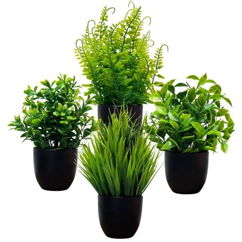 4 Pack Artificial Plants in Black Pot - Fake Mini Potted Plants with Eucalyptus & Fern - Faux Plants for Home, Bathroom, Office, Indoor Decor