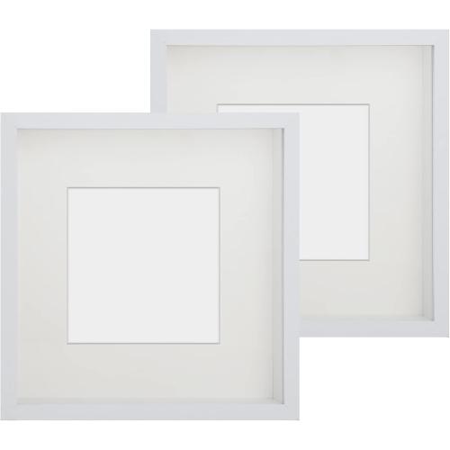 2pcs Shadow Box Frame, 9x9 3D Picture Frame with Cream-Colored Mat for 5x5 Photos, Shadowbox Display Cases with Real Transparent Glass - White/ 1.2 Inch Depth