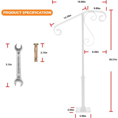 Bonbo Single Post Handrail, Wrought Iron Stair Handrail Fits 1 or 2 Steps, White