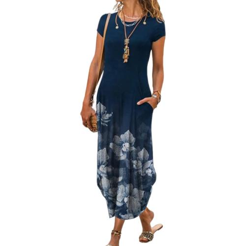 AHAIJ Women Summer Casual Maxi Dress Floral Printed Loose Pockets Short Sleeve Split Boho Dresses size medium