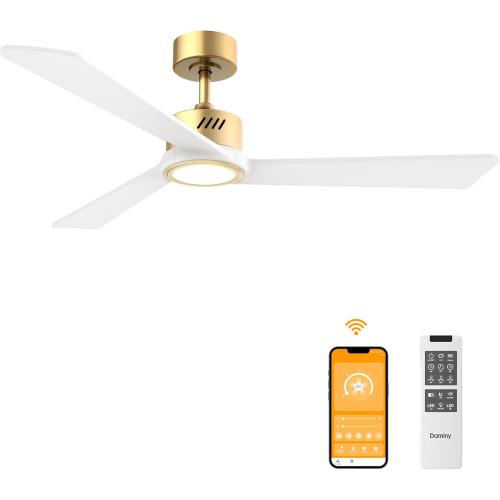 White and Gold 52 DAMINY Natural Solid Wood White and Gold 52 inch Ceiling Fan with Light,3 Blades,6CCT,Low Profile Ceiling Fan with Light and Remote Control