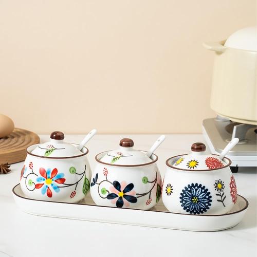 Set of 2 and Ceramic Condiment Jars with Lid Spoon and Tray, Modern Elegant Spice Container Sugar Bowl Seasoning Jars for Home and Kitchen Counter (Red)