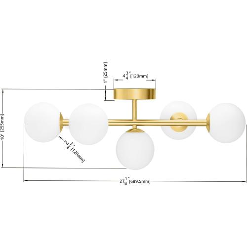 Mid Century Modern Bathroom Vanity Lights, 5-Light Bathroom Light Fixtures Brass Gold Bathroom Lights Semi-Flush Mount Ceiling Light, Gold Wall Sconce Wall Light with Globe Frosted Milk Glass, G9 Base