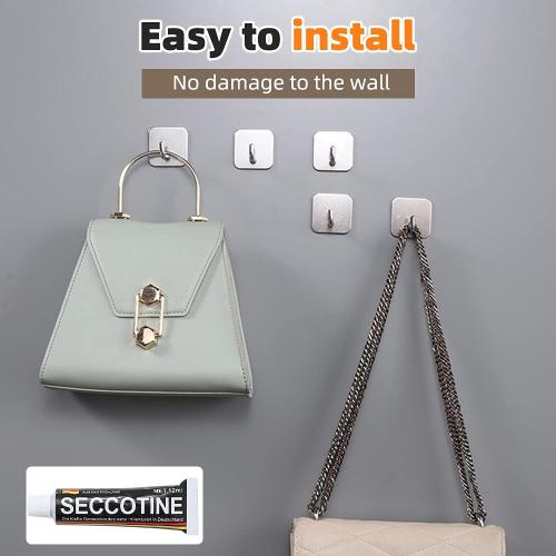 4pcs Heavy Duty Self Adhesive Wall Hooks, 304 Stainless Steel Coat Shower Towel Clothes Hooks, Stick on Wall Hooks for Kitchen Bathroom Toilet, No Drill No Screw, Waterproof (Burnish Silver) 2pk
