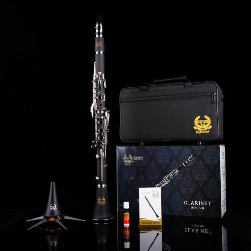 Rhythm Bb Clarinet 17 Nickel Keys Woodwind Band & Orchestra Musical Instruments for Beginners Includes Case, Stand, 10 Reeds and Cleaning Kit-Black/Silver keys