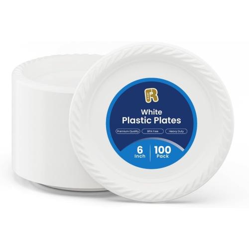 100 Pack 6 Inch White Plastic Plates Disposable - Heavy Duty White Disposable Plates - Microwavable Disposable Plastic Plates (6 Inch, 100, Count)