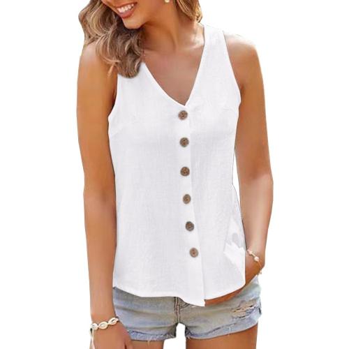 IDEALSANXUN Linen Tank Tops for Women Spring Summer Sleeveless V Neck Vest Casual Lightweight Button Down Shirt Blouse size xs