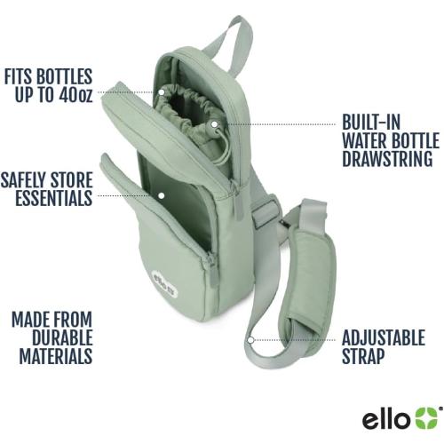 Ello Crossbody Sling Water Bottle Bag | Fits 24oz Bottles Zipped | Hands-Free Carrier with Pockets, Adjustable Strap, Drawstring Fastener | Machine Washable