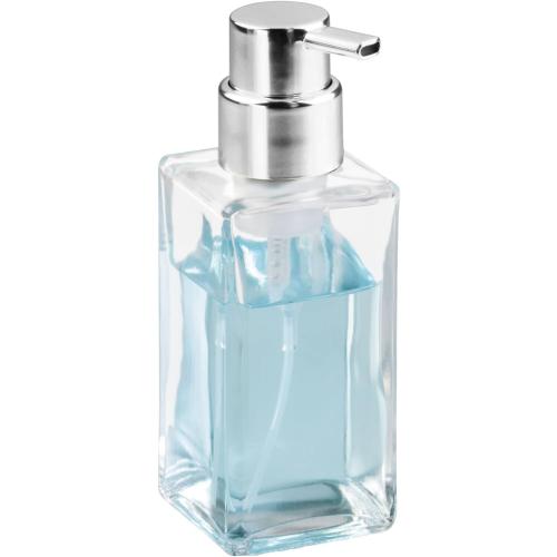mDesign Glass Refillable Foaming Hand Soap Dispenser Modern Square Pump Bottle for Bathroom Vanities or Kitchen Sink, Countertops - 2 Pack - Clear/Chrome