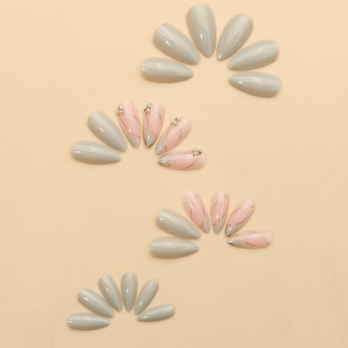 Almond Press on Nails Medium - Green Fake Nails with Gold Line Design - Full Cover Stick on False Nails for Women 24 Pcs