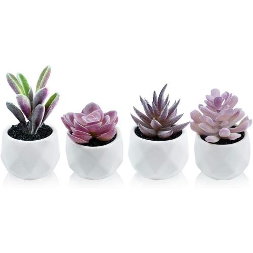 NORRIK BY DESIGN Purple Artificial Faux Succulents in Pots, Mini Purple Fake Plants for Women Desk, Small Realistic Faux Succulents for Home Office Accessories Window Sill Bathroom Bedroom 4 Set