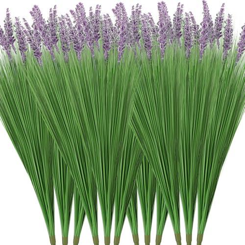 Giegxin 12 Pcs Tall Artificial Plants Outdoors Lavender UV Resistant Plants 26.7 Inch Fake Tall Lavender Plant Artificial Greenery Shrubs Bushes for Garden Porch Pathway Front Porch Home Décor
