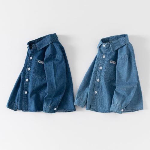 Wapypy Size 90/52 Toddler Baby Fashion Denim Shirt Lapel Button Pocket Little Kids Shirt Long Sleeve Loose Top