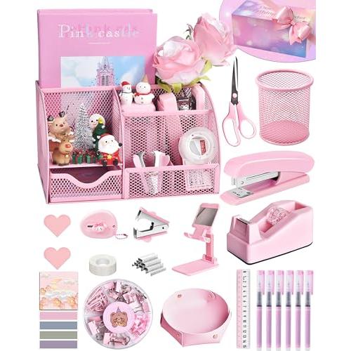 LXEVIHK Pink Desk Accessories 23-Piece Office Supplies Gift Set for Women