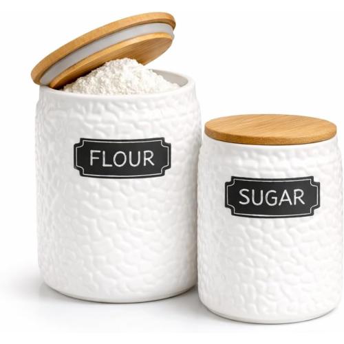 Ceramic Canister Set of 2 (94oz & 52oz) – Airtight Bamboo Lids for Flour, Sugar & Coffee – White Kitchen Storage Jars with Labels for Countertop & Pantry