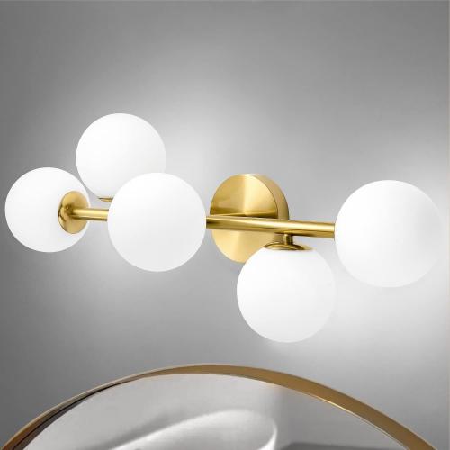 Mid Century Modern Bathroom Vanity Lights, 5-Light Bathroom Light Fixtures Brass Gold Bathroom Lights Semi-Flush Mount Ceiling Light, Gold Wall Sconce Wall Light with Globe Frosted Milk Glass, G9 Base