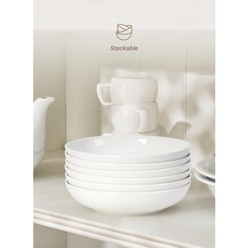 Quatish Pasta Bowls 30oz Set of 6, Salad Bowls Soup Bowl for Kitchen, Microwave & Dishwasher Safe, Large Porcelain Wide and Shallow Serving Bowl, White Dinner Plates, Dinnerware Set, Gift