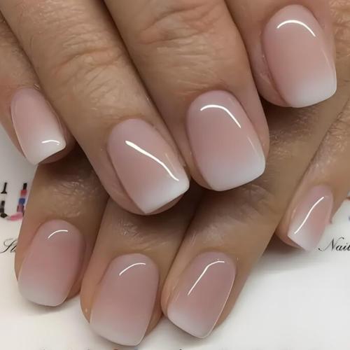 Nail Press ons, Short Square Press On Nails French Fake Nails with Pink White Ombre Press ons Design, Acrylic Artificial False Nails Press On Stick On Nails for Women