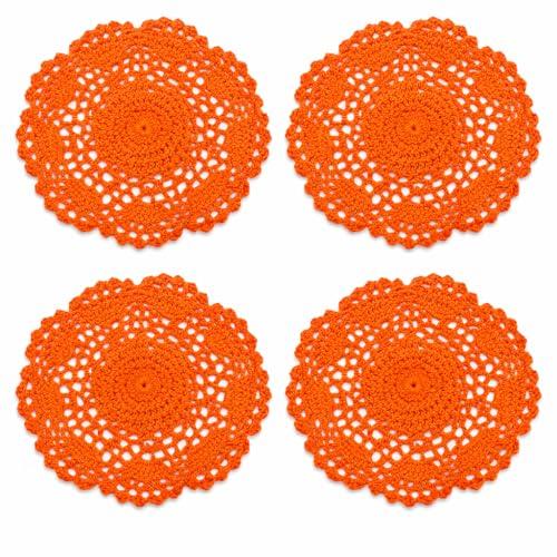 8 Round Crochet Doilies 4Pcs, Cotton Floral Lace Placemats, Handmade Embroidered Coasters for Table Furniture Wedding Decor (Orange)