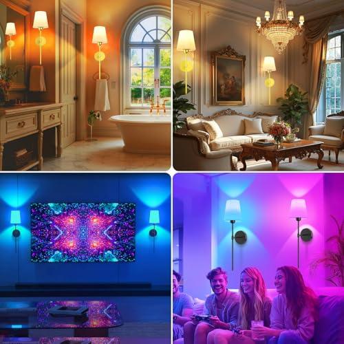 Gold 2 Pack Battery Operated Wall Sconce Set of 2 - Rechargeable Wireless Wall Lights with Remote, 6000mAh Dimmable Bulbs with 15 Colors, Wall Decor for Living Room, Bedroom, and Hallway (Gold)