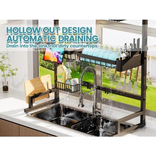 ADBIU Over The Sink Dish Drying Rack (Expandable Height and Length) Snap-On Design 2 Tier Large Dish Rack (27-40L x 12W x 32.5-37H (inches))