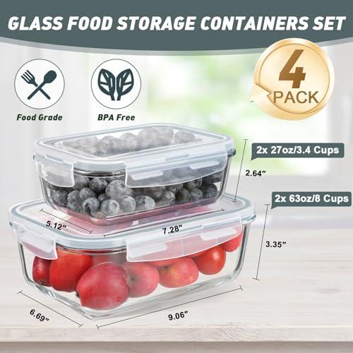 KOMUEE 4 Pack 63oz 27oz Large Glass Food Storage Containers Set with Airtight Lids, BPA-Free, Meal Prep Containers for Storing, Freezer, Microwave and Oven Safe
