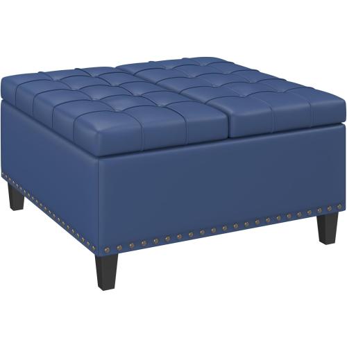 Color Blue Square Leather Ottoman with Storage, Faux Leather Coffee Table with Lift Top,Large Upholstered Footrest Stool Toy Box Storage Bench for Bedroom Living Room, Blue