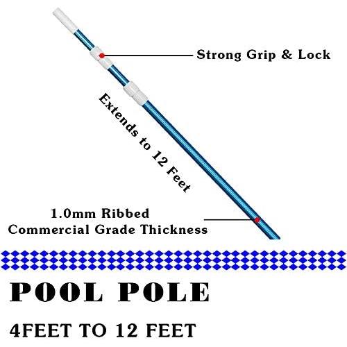 POOLWHALE Professional 12 Feet Blue Anodized Aluminum Telescopic Swimming Pool Pole,Adjustable 3 Piece Expandable Step-Up,for Skimmer Nets, Vacuum Heads and Brushes, Strong Grip & Lock