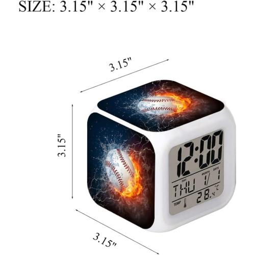 Led Alarm Clock Baseball Burning Sport Design Creative Desk Table Clock Glowing Electronic Colorful Digital Alarm Clock for Unisex Adults Kids Toy Birthday Present
