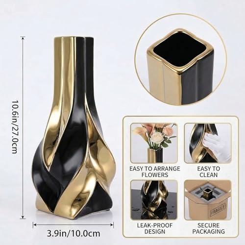 10.6 Black and Gold Ceramic Vase, Modern Geometric Flower Vase for Dining Table Centerpiece, Elegant Decorative Vase for Pampas Grass, Living Room, Bedroom, Office, Tabletop Decoration