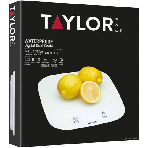 Taylor Pro Digital Kitchen Food Scales, Compact Professional Standard with Precision Accuracy and Waterproof Design with Tare Feature, White Glass, Weighs 14 kg/14 L Capacity