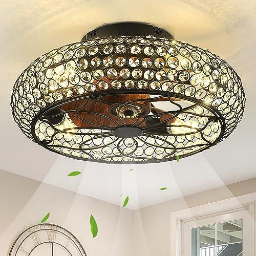 Caged Crystal Ceiling Fans with Lights and Remote,18.8 Flush Mount Low Profile Ceiling Fan with Light,6 Speed Enclosed Ceiling Fan with Reversible Motor for Bedroom Kitchen Living Room