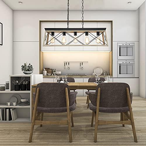 Dining Room Light Fixture,5-Light Chandelier for Island Light,Black and Oak FinishKitchen Lighting Hanging Pendant Light Kitchen Island,Industrial Island Lights for Kitchen Dining Room