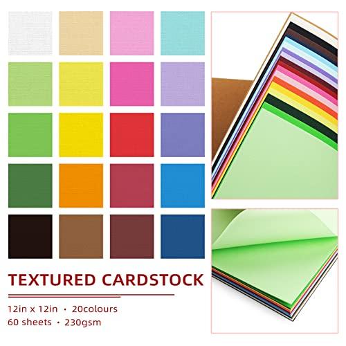 60 Sheets Colored Linen Textured Cardstock Paper 12x12 Inch, 85 lb, 20 Colors Heavyweight Multi Colored Card Stock Paper, Solid Core Double Sided Cardstock for Card Making Craft&Scrapbooking
