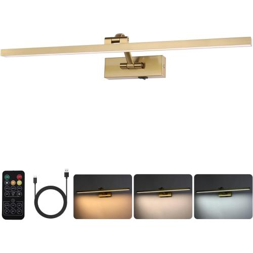 Wireless Picture Lights for Wall Battery Operated, Brass Art Lighting for Paintings Rechargeable Gallery lights with Remote and Timer 3CCT Dimmable Painting Lights for Artwork Portrait 23.6 inch