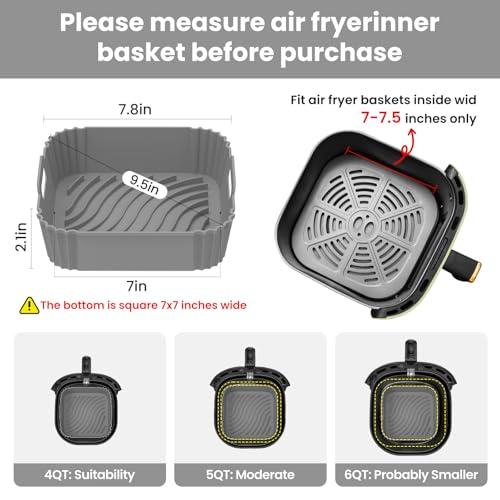 Redfly 2 Pack Silicone Air Fryer Liners, Square Reusable Non-Stick Basket Inserts for 4-5 QT Air Fryers, Dishwasher Safe Parchment Paper Replacement Accessories Gray & Black