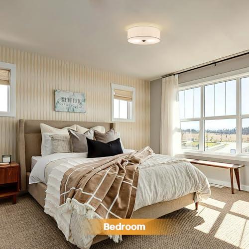 Flush Mount Ceiling Light Fixture, 13 Close to Ceiling Light with Beige Fabric Linen Drum Shade, 2-Light Modern Round Ceiling Light for Bedroom Hallway Dining Kitchen