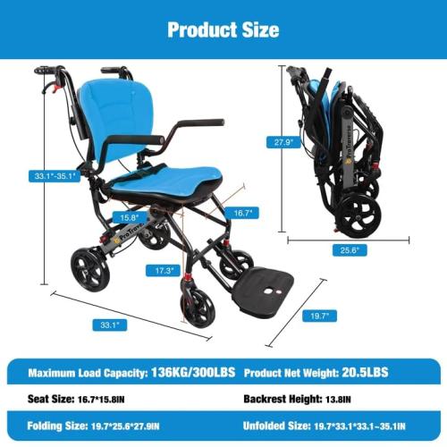 Wheelchairs for Adults,Transport Wheelchair Lightweight Foldable with Removable Cushion,Transport Chair,Ergonomic Travel Wheelchair with Telescopic Handle,Gifts for Grandpa,Blue