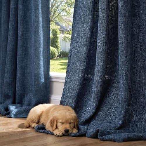 jinchan Burlap Linen Textured Curtains 90 Inches Long Blue Curtains for Living Room Light Filtering Farmhouse Curtain Panels Semi Sheer Country Rustic Window Drapes for Bedroom Rod Pocket 2 Panels