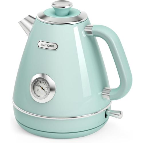 Hazel Quinn Retro Electric Kettle - 1.7 Liters / 57.5 Ounces Tea Kettle with Thermometer, All Stainless Steel, 1200 Watts Fast Boiling, BPA-free, Cordless, Automatic Shut Off - Mint Green