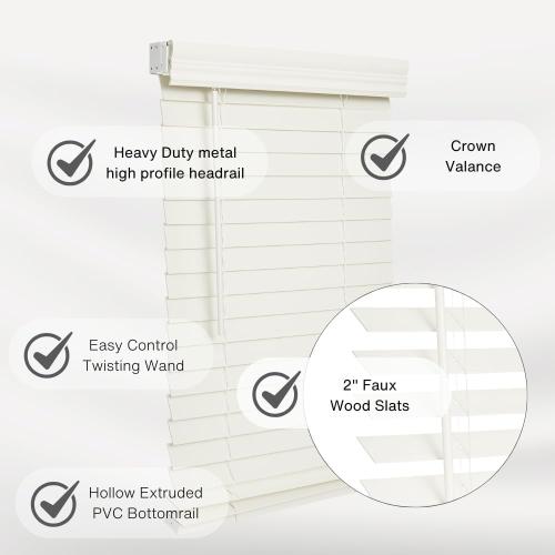 LOTUS & WINDOWARE Cordless 2-inchFaux Wood Blind 70 Wide x 48 Long,(Soft White-Antique White),Smooth, Room Darkening, Horizontal Blinds for Living Room, Bedroom, Interior Door Windows - 70 x 48,Sof