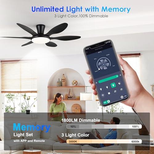Ceiling Fans with Lights, 51 inch Modern Black Low Profile Ceiling Fan with Light and Remote App Control, Flush Mount, Quiet DC Reversible, Dim Led Ceiling Fan 6 Blade Softer Wind Indoor/Outdoor Patio