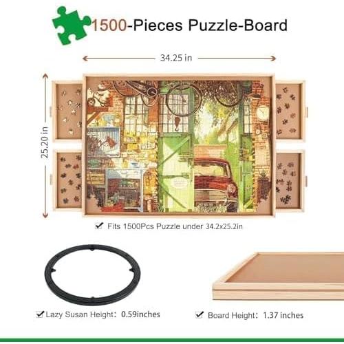 ALL4JIG 1500 Pieces Rotating Puzzle Board with 4 Drawers and Cover,25x34 Portable Wooden Jigsaw Puzzle Table for Adults,Lazy Susan Spinning Puzzle Boards Birthday Gift for mom