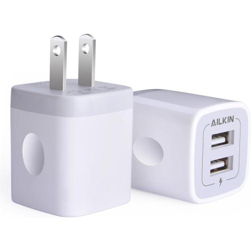 USB Wall Charger, Charger Adapter, AILKIN 2-Pack 2.1A Dual Port Quick Plug Cube for iPhone 15 14 13 12 11 Pro Max 10 SE X XS Plus Samsung Galaxy S23 S22 S21 Power Block Fast Charging Box Brick